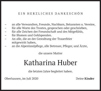 Todesanzeige von Katharina Huber von merkurtz