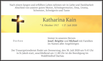 Todesanzeige von Katharina Kain von merkurtz