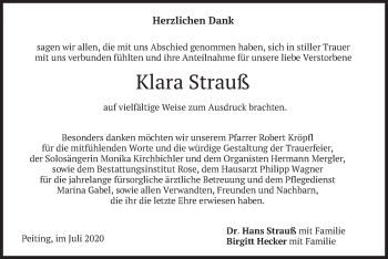 Todesanzeige von Klara Strauß von merkurtz