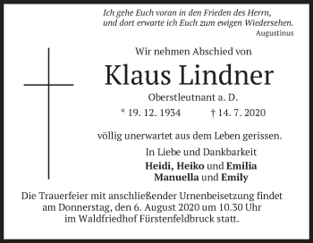 Todesanzeige von Klaus Lindner von merkurtz