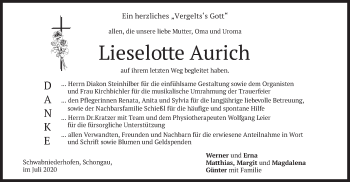 Todesanzeige von Lieselotte Aurich von merkurtz