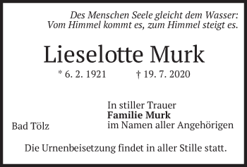 Todesanzeige von Lieselotte Murk von merkurtz