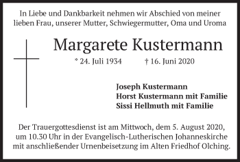 Todesanzeige von Margarete Kustermann von merkurtz