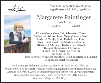 Todesanzeige von Margarete Paintinger von merkurtz