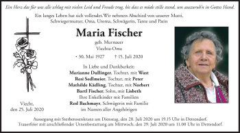 Todesanzeige von Maria Fischer von merkurtz
