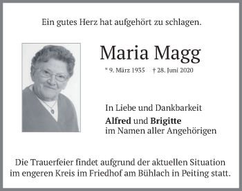 Todesanzeige von Maria Magg von merkurtz