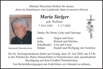 Todesanzeige von Maria Steiger von merkurtz