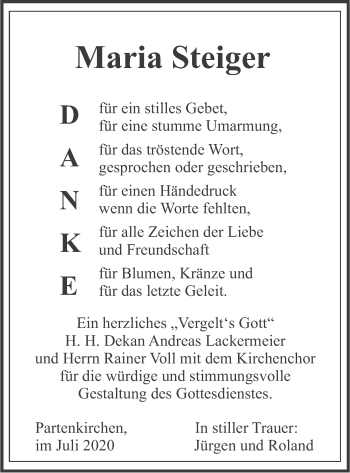 Todesanzeige von Maria Steiger von merkurtz