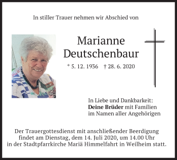 Todesanzeige von Marianne Deutschenbaur von merkurtz