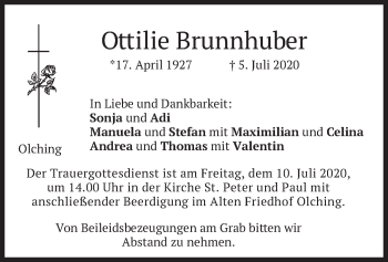 Todesanzeige von Ottilie Brunnhuber von merkurtz