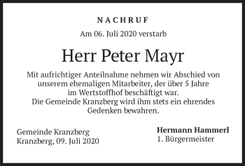 Todesanzeige von Peter Mayr von merkurtz