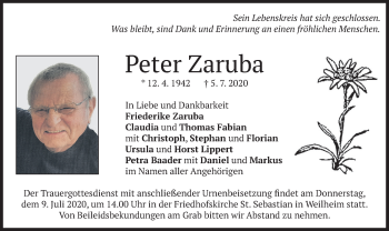 Todesanzeige von Peter Zaruba von merkurtz
