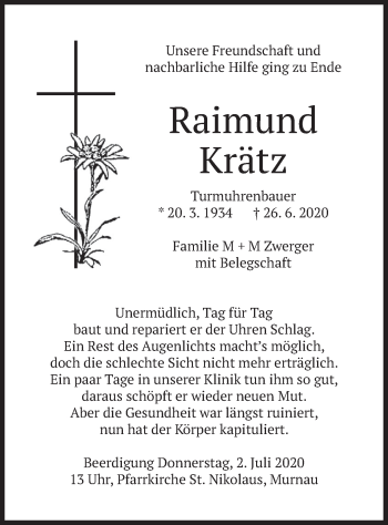 Todesanzeige von Raimund Krätz von merkurtz