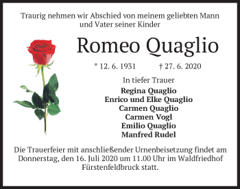 Todesanzeige von Romeo Ouaglio von merkurtz