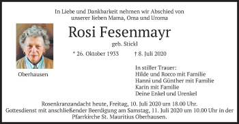Todesanzeige von Rosi Fesenmayr von merkurtz