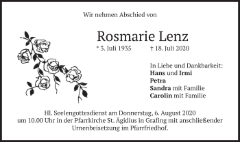 Todesanzeige von Rosmarie Lenz von merkurtz