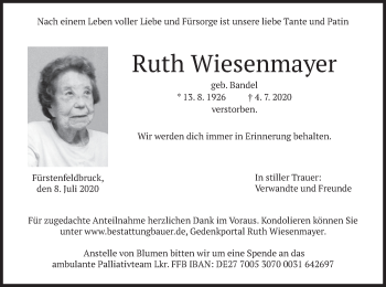 Todesanzeige von Ruth Wiesenmayer von merkurtz