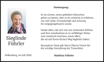 Todesanzeige von Sieglinde Führler von merkurtz