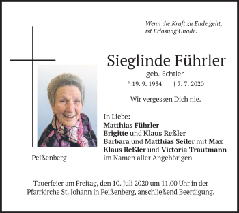 Todesanzeige von Sieglinde Führler von merkurtz