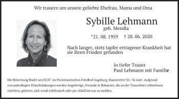 Todesanzeige von Sybille Lehmann von merkurtz