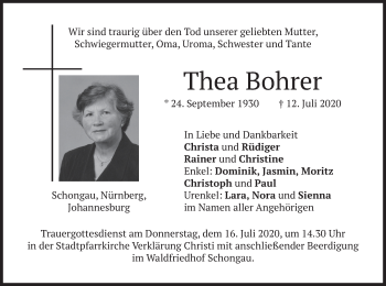 Todesanzeige von Thea Bohrer von merkurtz