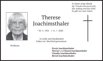 Todesanzeige von Therese Joachimsthaler von merkurtz