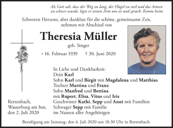 Todesanzeige von Theresia Müller von merkurtz