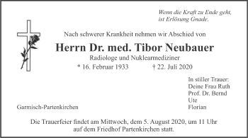 Todesanzeige von Tibor Neubauer von merkurtz