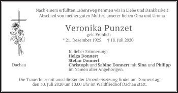 Todesanzeige von Veronika Punzet von merkurtz