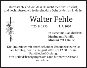 Todesanzeige von Walter Fehle von merkurtz