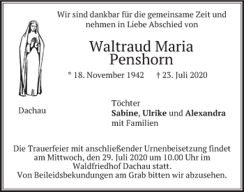 Todesanzeige von Waltraud Maria Penshorn von merkurtz
