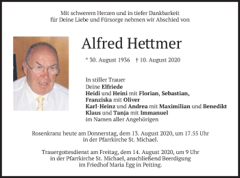 Todesanzeige von Alfred Hettmer von merkurtz