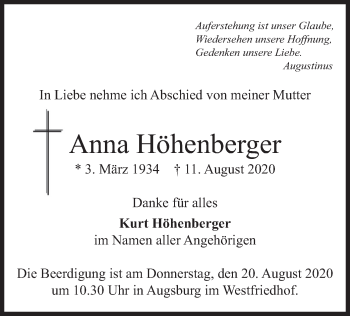 Todesanzeige von Anna Höhenberger von merkurtz