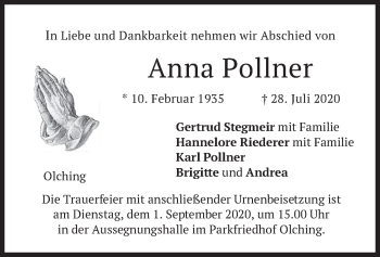 Todesanzeige von Anna Pollner von merkurtz