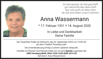 Todesanzeige von Anna Wassermann von Das Gelbe Blatt Penzberg