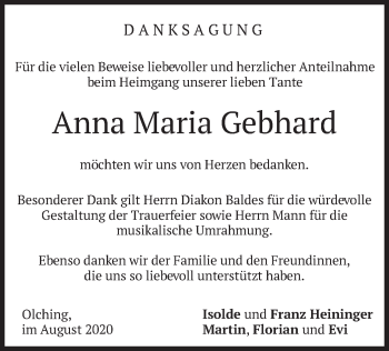 Todesanzeige von Anna Maria Gebhard von merkurtz