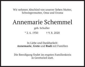 Todesanzeige von Annemarie Schemmel von merkurtz