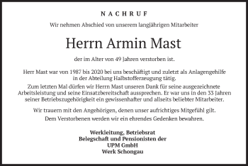 Todesanzeige von Armin Mast von merkurtz