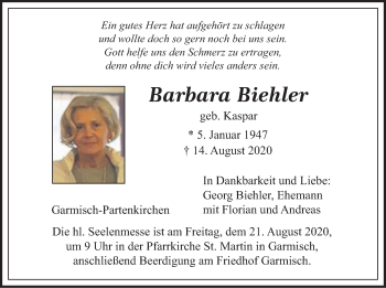 Todesanzeige von Barbara Biehler von merkurtz