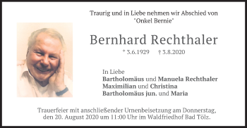 Todesanzeige von Bernhard Rechthaler von merkurtz