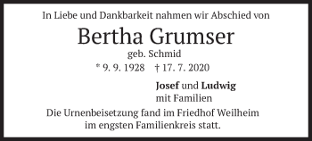 Todesanzeige von Bertha Grumser von merkurtz