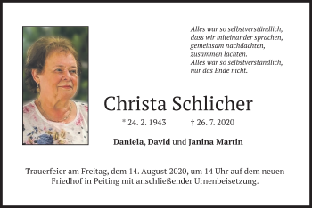 Todesanzeige von Christa Schlicher von merkurtz