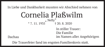 Todesanzeige von Cornelia Plaßwilm von merkurtz