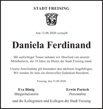 Todesanzeige von Daniela Ferdinand von merkurtz