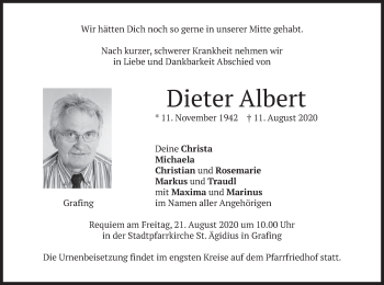 Todesanzeige von Dieter Albert von merkurtz