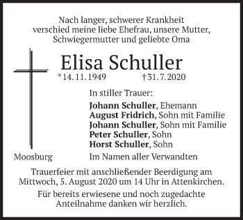 Todesanzeige von Elisa Schuller von merkurtz