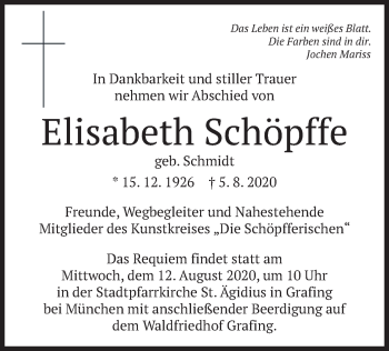 Todesanzeige von Elisabeth Schöpffe von merkurtz