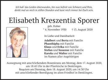 Todesanzeige von Elisabeth Kreszentia Sporer von merkurtz