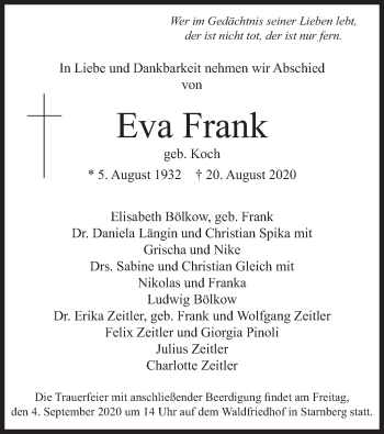 Todesanzeige von Eva Frank von merkurtz
