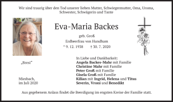 Todesanzeige von Eva-Maria Backes von merkurtz